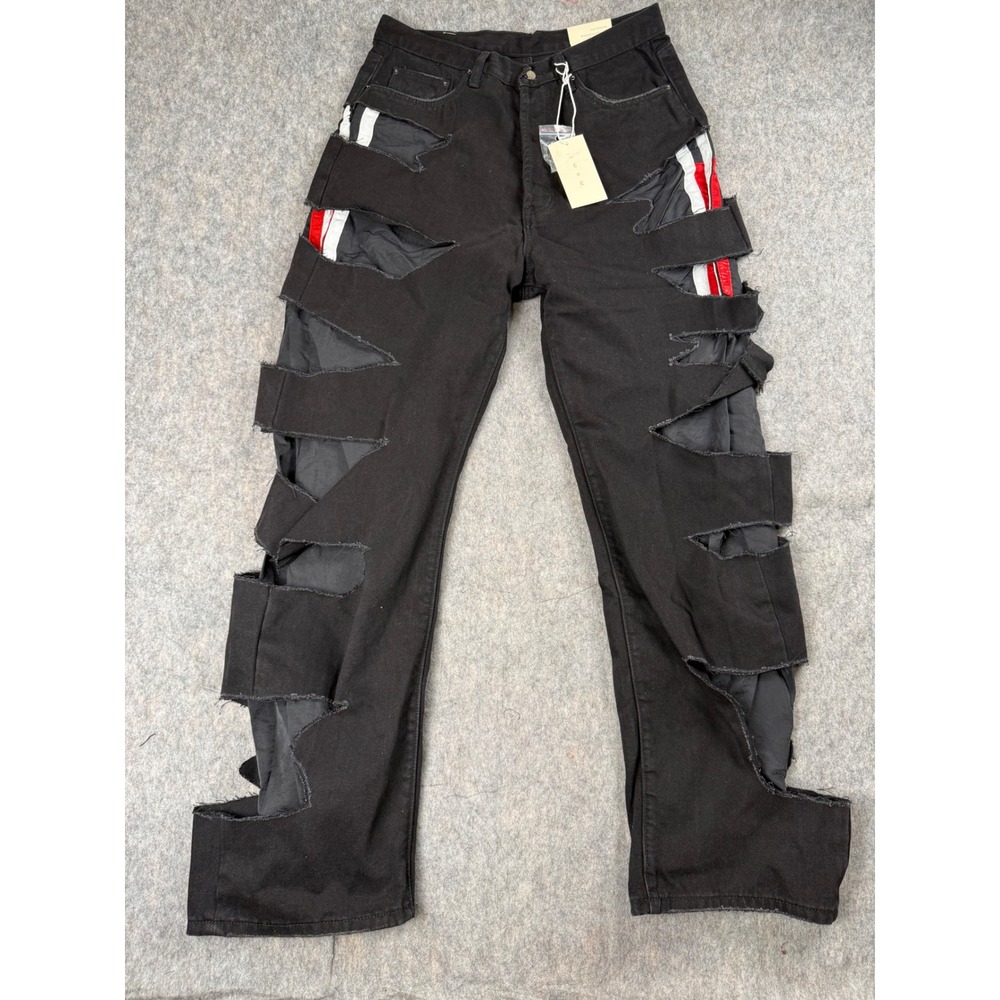 MNML D284 Distressed Jeans Mens 32 Black Cotton Cut Out Streetwear Grunge New